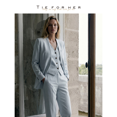 TieForHer 浅灰蓝早春马甲两件套西装外套Ecole直筒裤女通勤套装