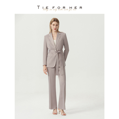 TieForHer珍珠灰松弛感束腰修身优雅精致通勤女西装上衣直筒裤