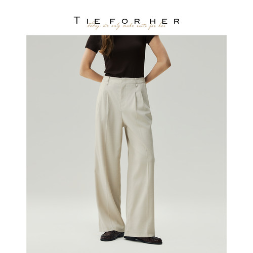 TieForHer 燕麦色颗粒纹双褶直筒长裤女 26早秋新款