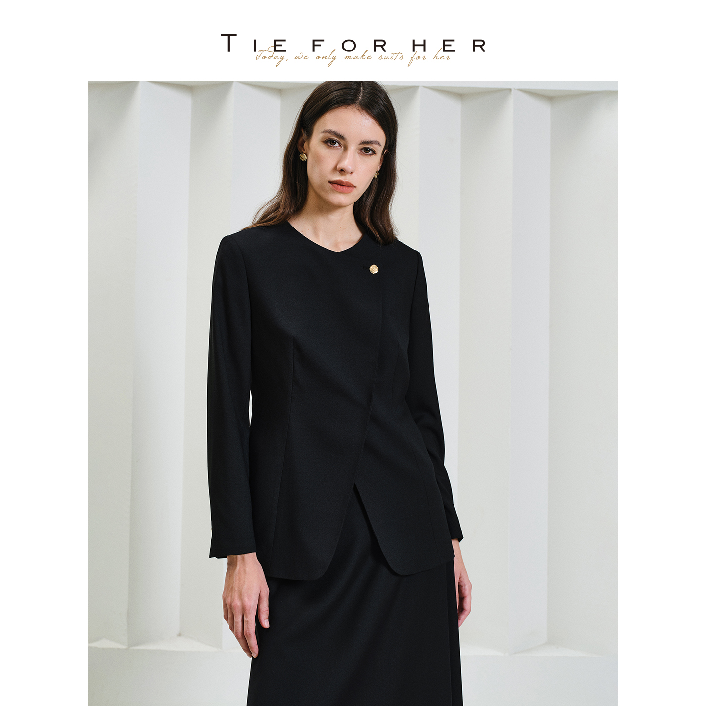TieForHer经典黑方领无袖连衣裙西装套装冷淡风职业外套半裙女