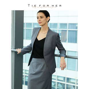 TieForHer Yale律政女主 暮云灰无领西装高智极简职业女士外套