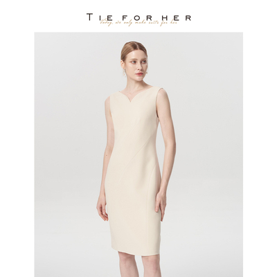 TieForHer花瓣领香草蛋羹色通勤日常优雅显瘦无袖连衣裙春夏新款
