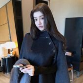 韩雨嘉圆领斗篷大衣女春季 高级感斜门襟防风保暖宽松显瘦厚外套