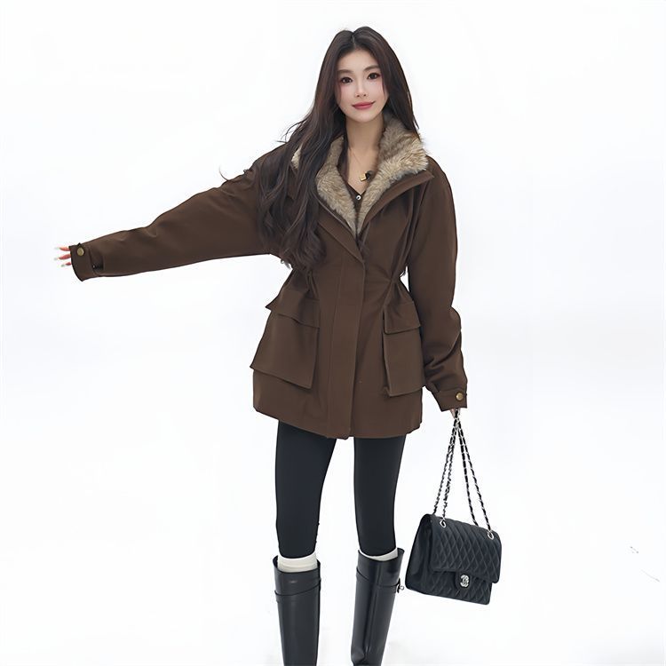 通勤风毛领派克服女中长款加厚保暖90白鸭绒羽绒服外套女复古拼接