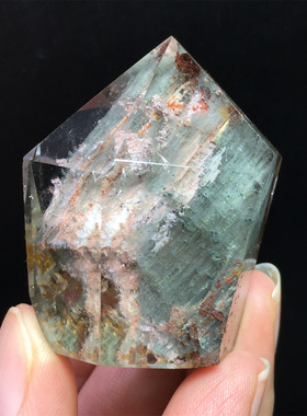 天然绿幽灵四季幽灵迷你柱摆件绿色水晶精品单尖柱彩虹摆件