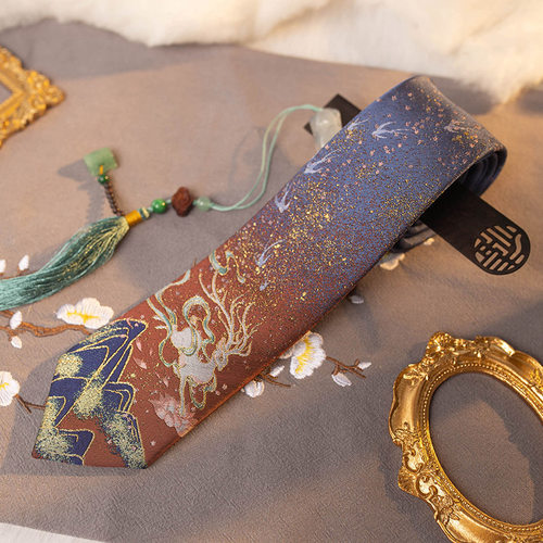 月色星象白鹿踏莲织金刺绣领带
