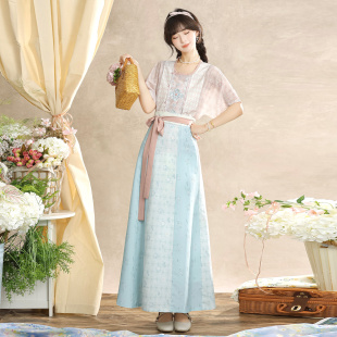 清新日常春夏款 宋制圆领印花上衣原创汉服女古风套装 舒月 玉术
