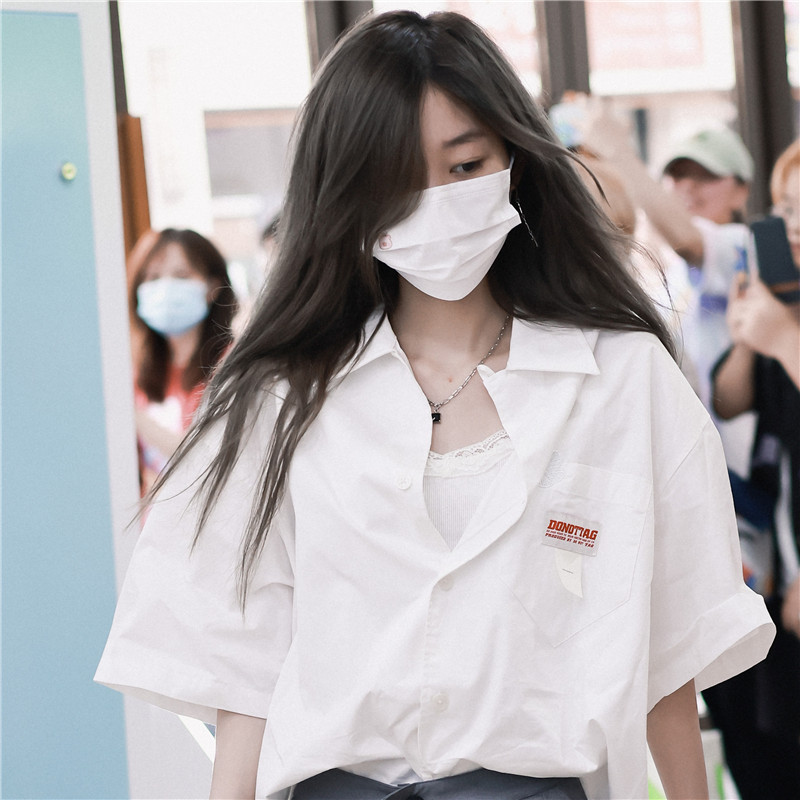 宽松短袖韩火火同款白色衬衫女潮