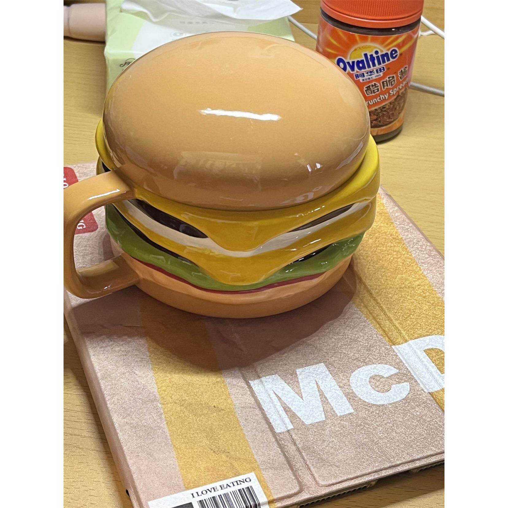 麦当劳陶瓷汉堡杯茶杯带盖喝水杯咖啡可爱带把创意家用马克杯杯子