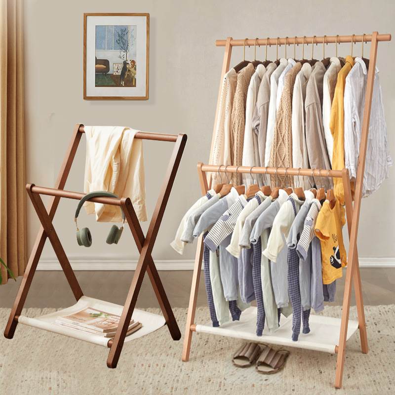 落地折叠挂衣架晾衣架室内双杆不占空间卧室实木儿童矮衣架衣帽架