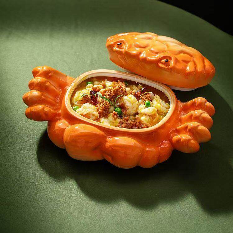 中秋螃蟹壳造型盘酒店饭厅蟹粉豆腐位上蟹黄宝盅中式创意陶瓷餐具