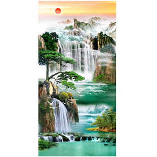 过道山水贴画玄关风景壁画自粘走廊贴画背景墙竖版牡丹墙贴玉雕画