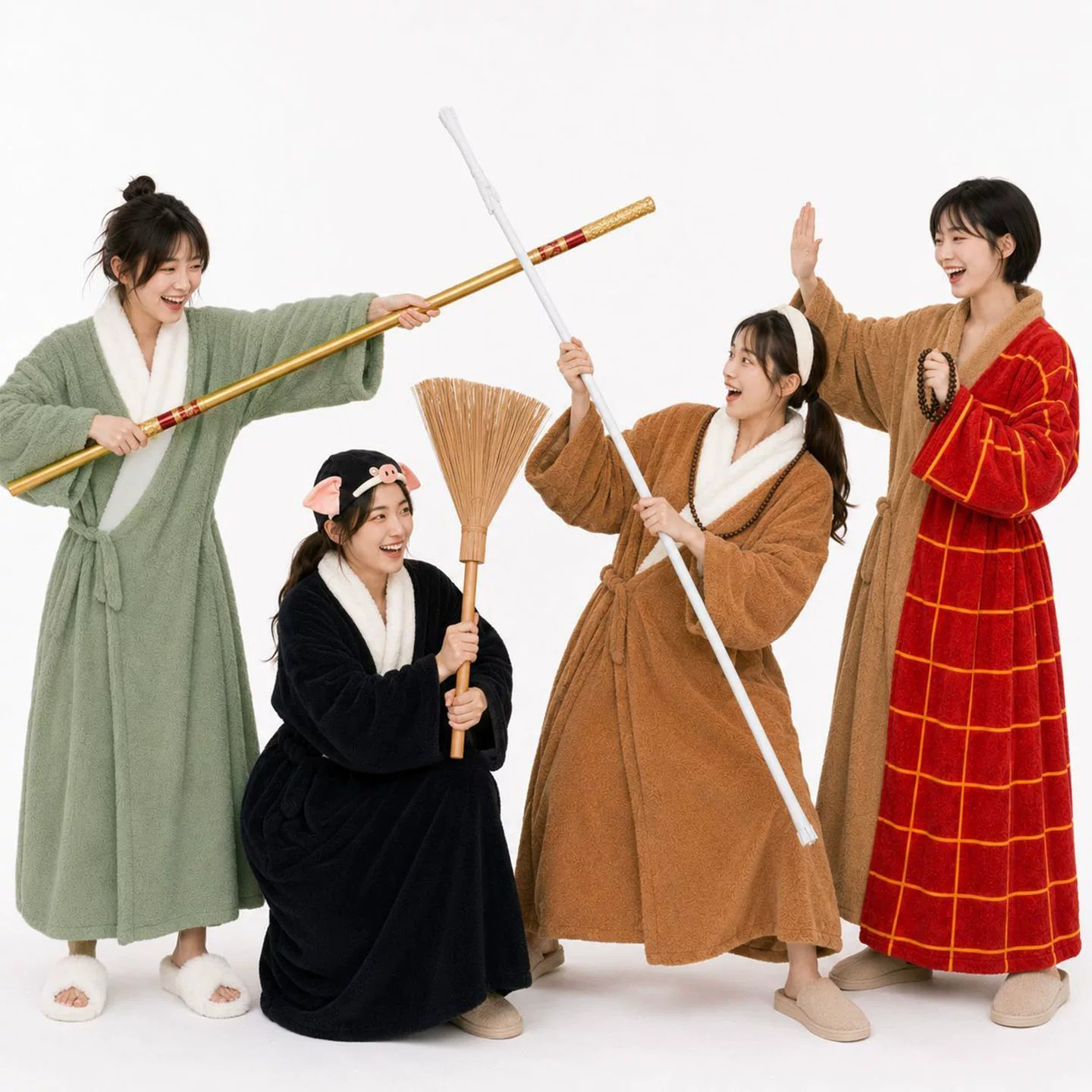 创意吸睛西游主题复刻居家睡袍闺蜜四人组队搞怪慵懒风长款睡裙