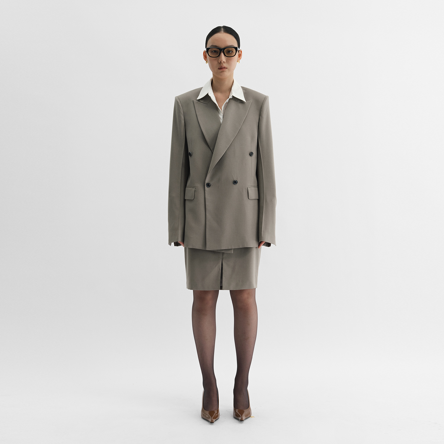 Unawares.羊毛混纺开衩西装半裙