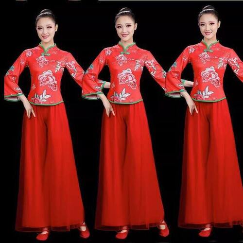 新款印花广场舞跳舞服装女中老年大秧歌服团体扇子舞表演出服3018
