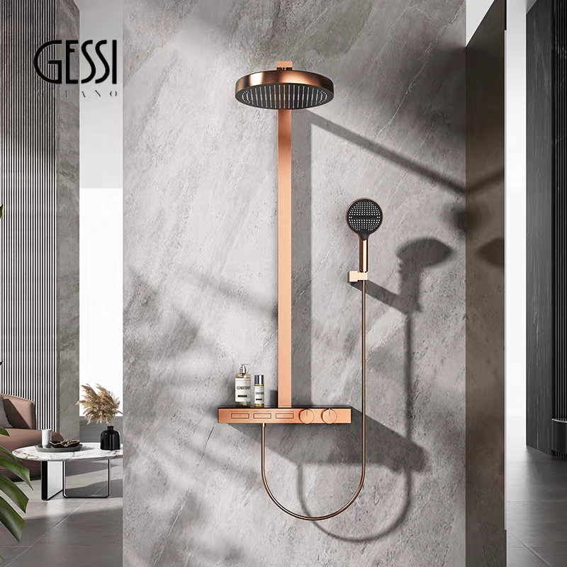 意大利GESSI花洒铜恒温拉丝玫瑰金数显置物家用淋浴花洒套装增压