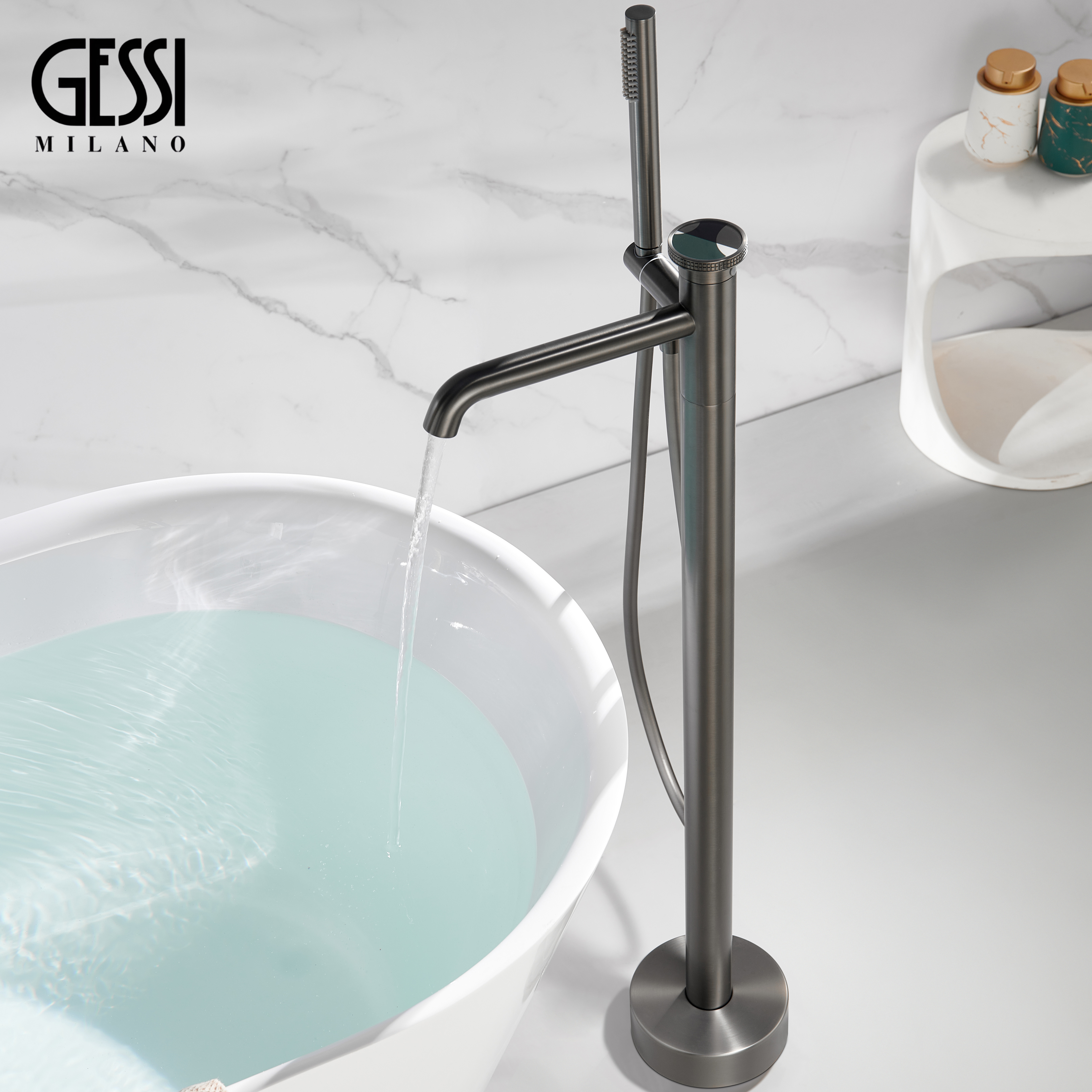 意大利捷仕Gessi落地式浴缸龙头艺术枪灰色全铜立式浴缸花洒龙头