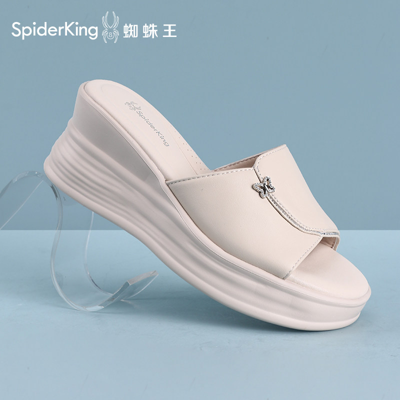 蜘蛛王真皮坡跟一字拖女2026夏季松糕厚底外穿凉拖鞋小个子增高鞋