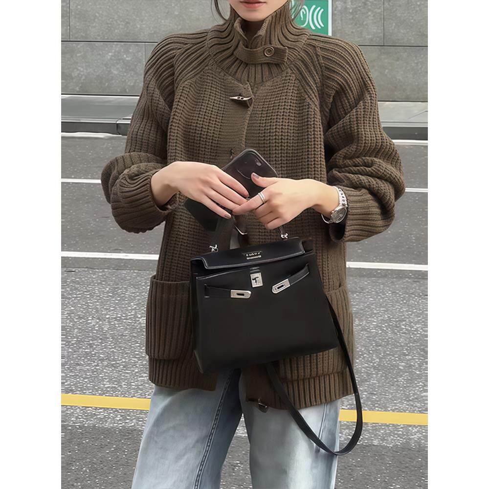 ROUMIKL秋季设计感慵懒风针织开衫外套女高级感宽松高领正肩长袖
