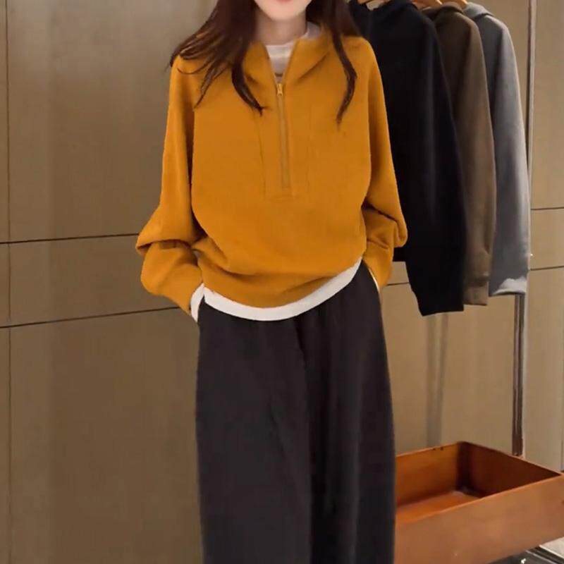 ROUMIKL韩系设计感时尚半拉链连帽卫衣外套女2025秋季慵懒风宽松