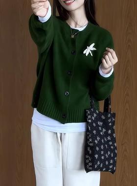 ROUMIKL2025秋冬新款设计款刺绣慵懒风针织衫女式绿色小清新百搭