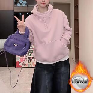 ROUMIKL2025冬季新款法式粉色加绒连帽卫衣时尚百搭加厚保暖长袖