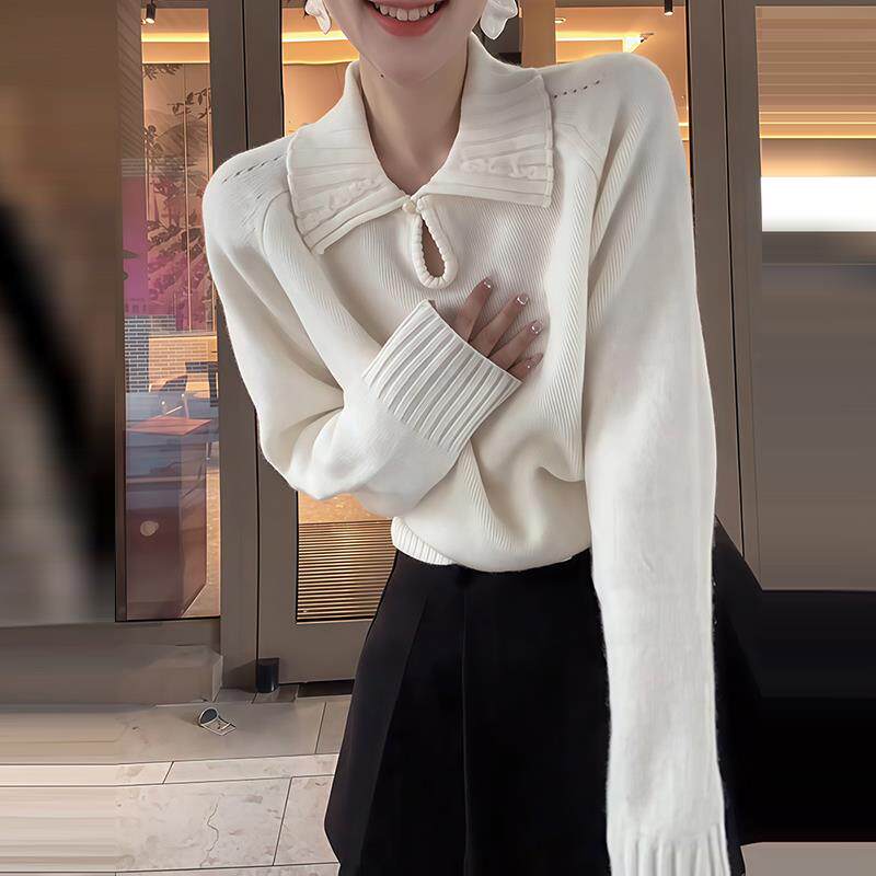 ROUMIKL法式打底衫镂空POLO领毛针织衫女秋冬季正肩长袖白色时尚