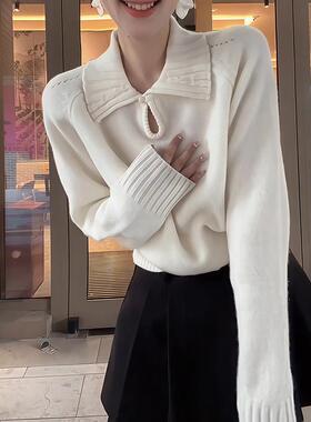 ROUMIKL法式打底衫镂空POLO领毛针织衫女秋冬季正肩长袖白色时尚