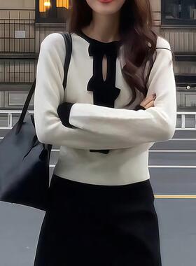 ROUMIKL秋冬设计感独特别致毛衣女装冬白色内搭蝴蝶结长袖针织打