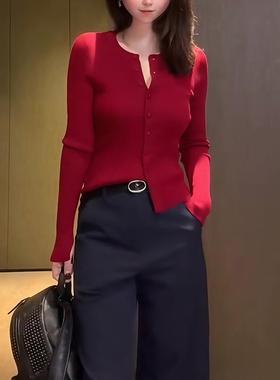 ROUMIKL气质高级感红色长袖针织开衫女2025秋季新款修身显瘦百搭