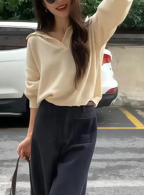 ROUMIKL温柔韩系白色polo衫套头毛衣女秋冬慵懒宽松v领套头针织打