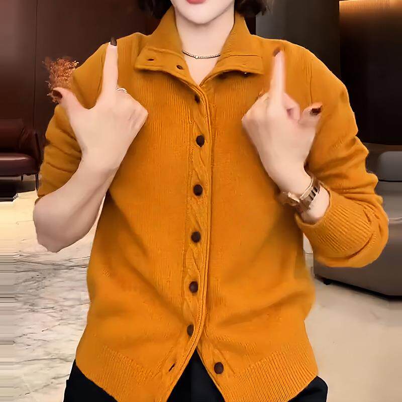 ROUMIKL慵懒风纽扣高领落肩袖毛衣外套新款超好看冬装高级感针织