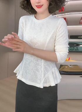 ROUMIKL白色设计感荷叶边提花微透显瘦衬衫2025年秋季新款高级感