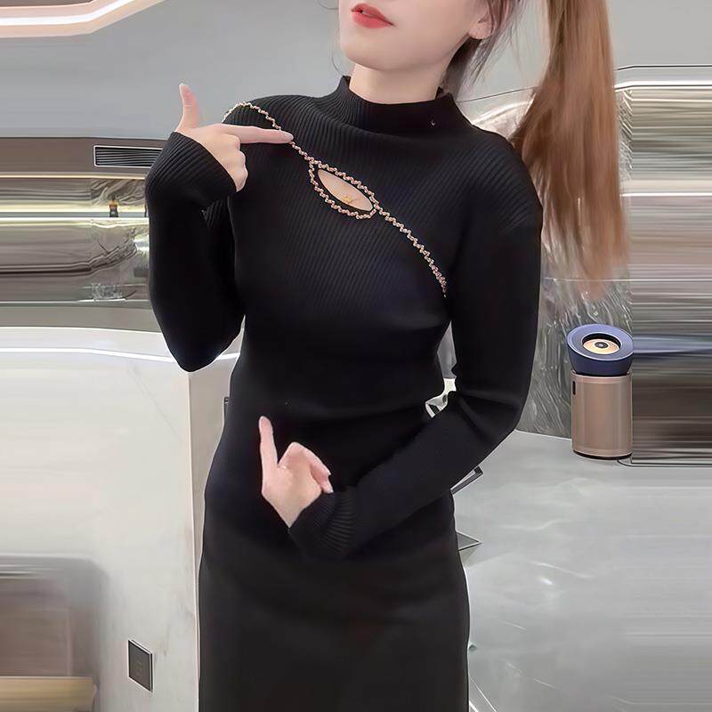 ROUMIKL镂空打底衫毛衣女新款秋冬设计感小众修身半高领长袖针织