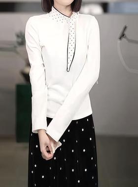 ROUMIKL法式轻奢高端时尚白色T恤女秋冬新款宽松气质高级拼接波点