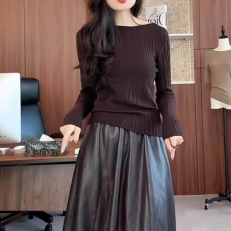 ROUMIKL肌理感美拉德咖色针织衫女一字领2025年秋季新款打底修身