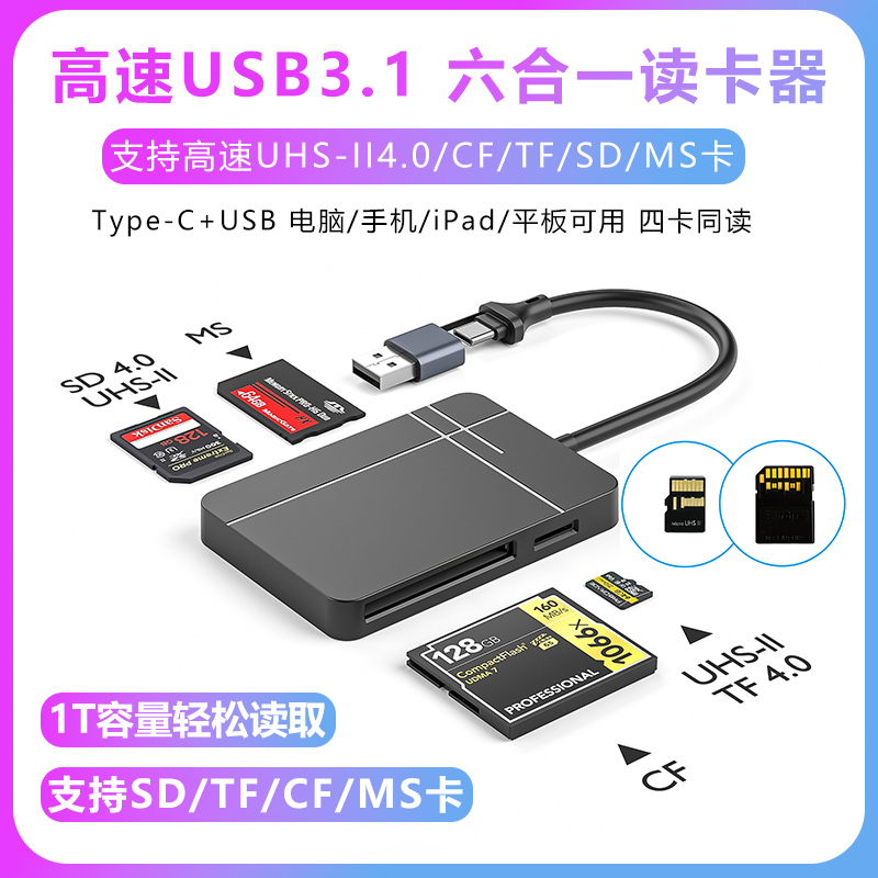 USB3.1多功能读卡器多合一适用ccd佳能相机SD内存卡TF储存卡尼康CF卡索尼MS卡SDXC高速UHS-II4.0苹果手机电脑 3C数码配件 读卡器 原图主图