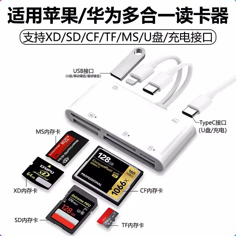 相机CF卡读卡器SD卡XD内存卡MS记忆棒TF储存卡USB读优U盘TypeC接口移动硬盘适用华为小米苹果手机OTg电脑通用