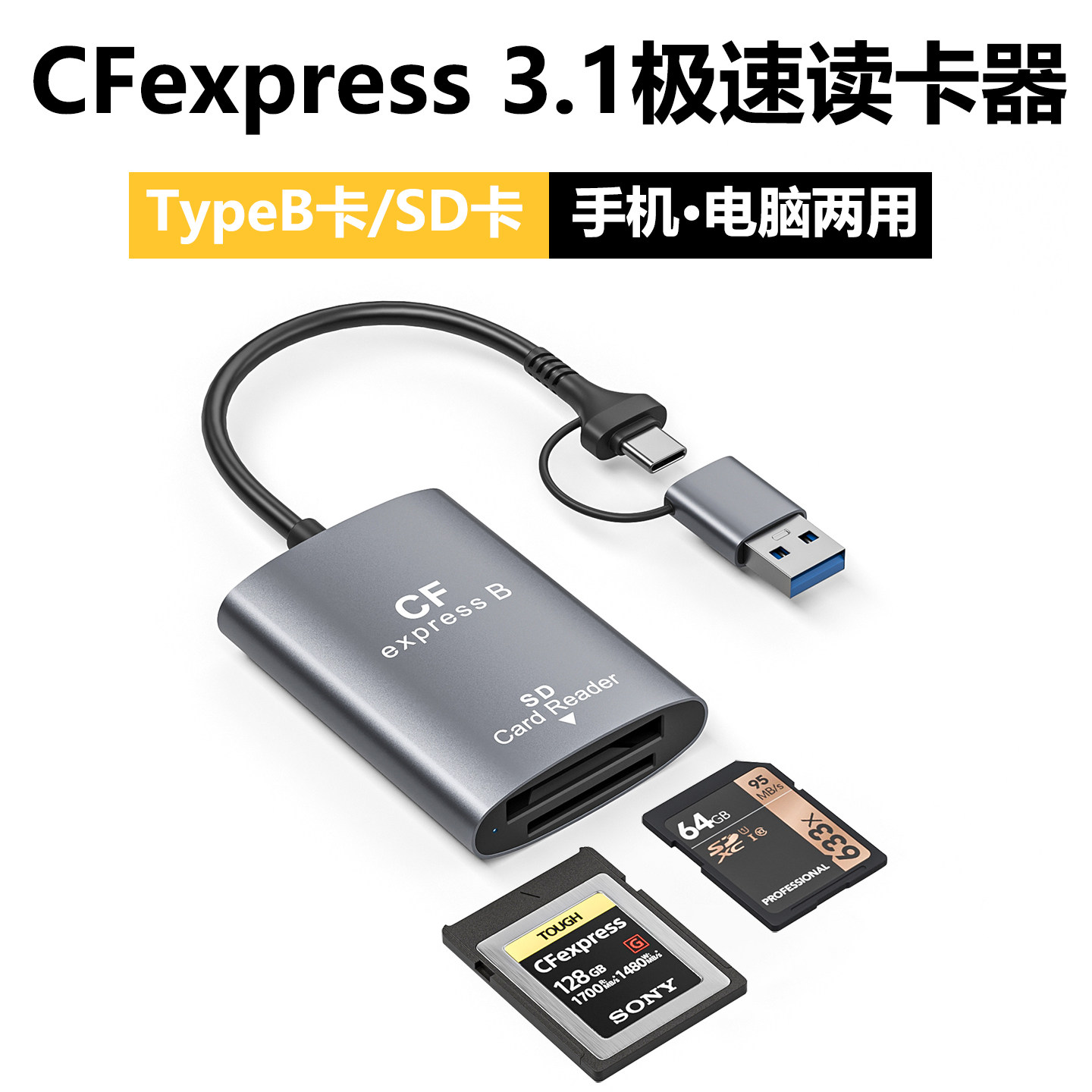 CFexpress读卡器Type B内存卡SDXC UHS-II卡SD尼康z9佳能r5c/r3/gh6z7z8xh2富士松下相机高速大鲸鱼CFB储存卡