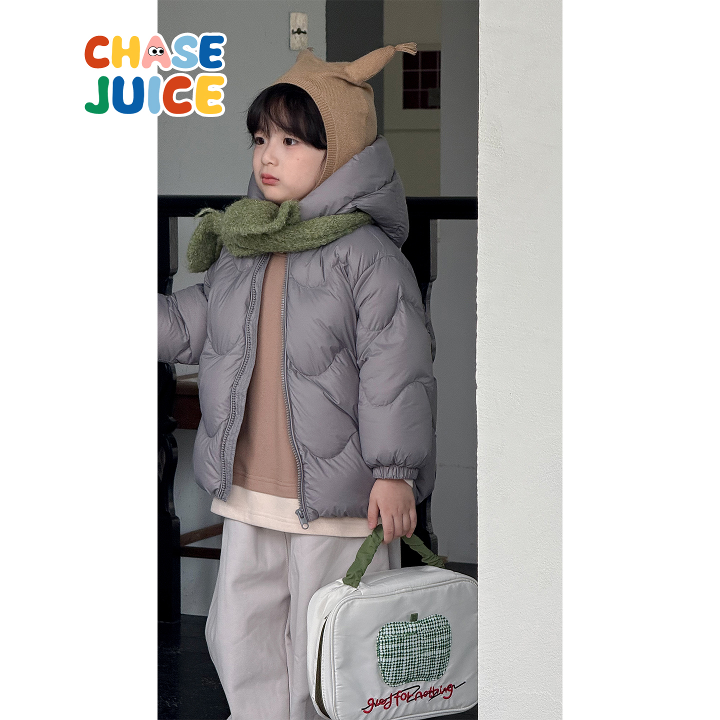 虾酱麻麻灰色保暖羽绒服