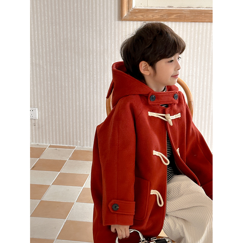 虾酱麻麻男童呢子大衣冬季加厚2025新款红色拜年服儿童装毛呢外套