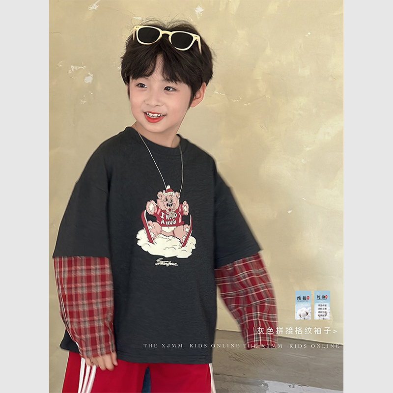 虾酱麻麻格子袖假两件长袖T恤