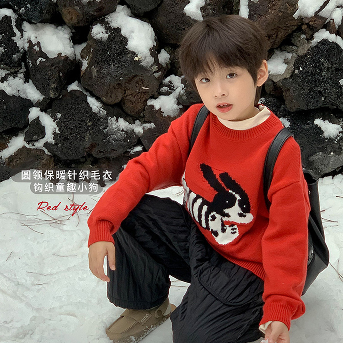 虾酱麻麻卡通红色毛衣