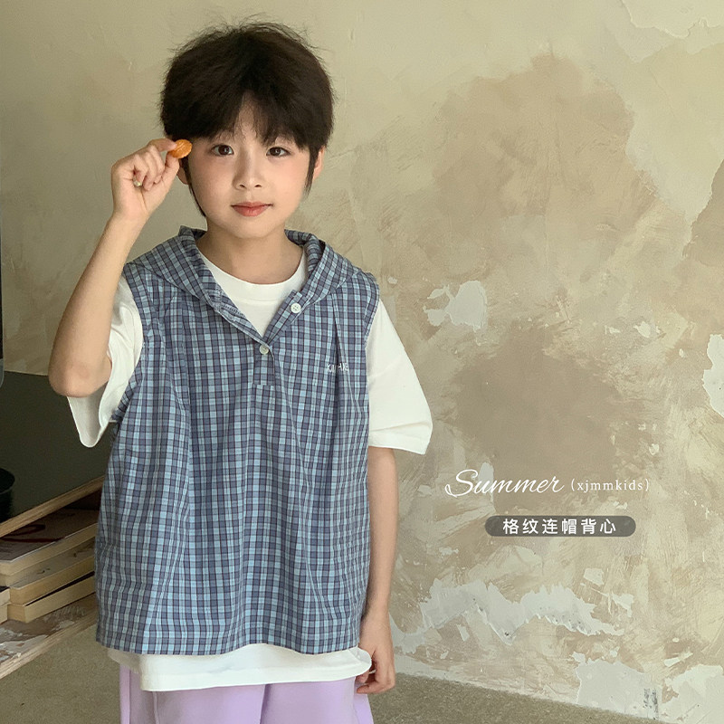 虾酱麻麻男童马甲外穿春夏装2026新款男孩纯棉格子儿童装连帽上衣