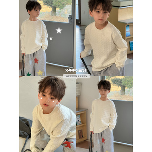 虾酱麻麻男童毛衣春秋装2026新款男孩韩系上衣白色儿童洋气针织衫