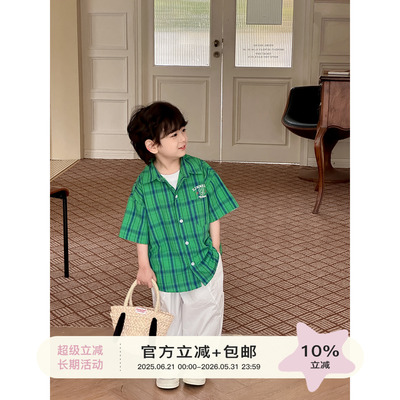 【小童】虾酱麻麻男童短袖衬衫夏装2025新款宝宝撞色格子儿童衬衣