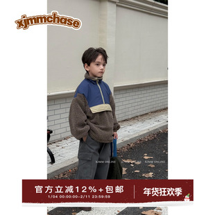 虾酱麻麻男童羊羔毛外套冬季2025新款男孩衣服保暖撞色儿童装上衣