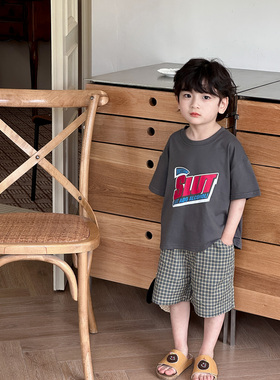 【小童】虾酱麻麻男童短袖t恤夏装2025新款上衣灰色纯棉儿童体恤