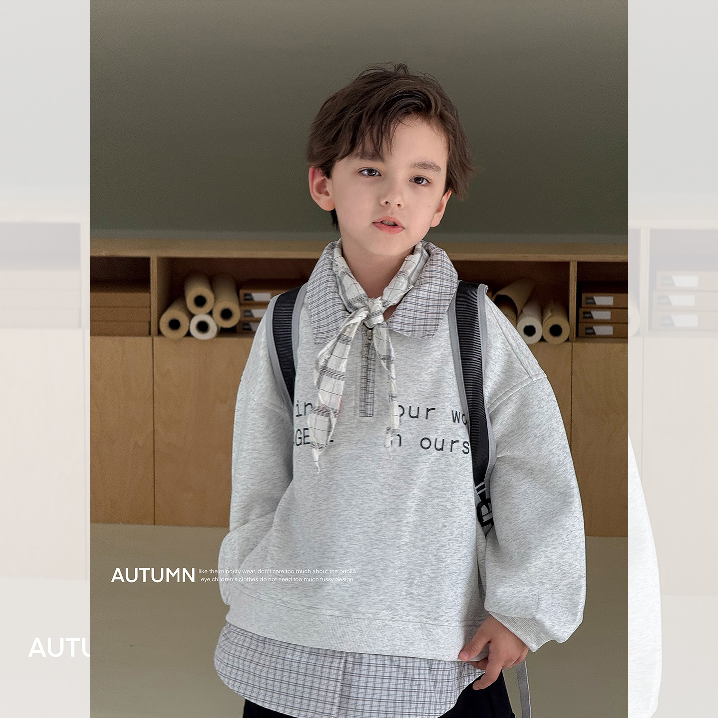 虾酱麻麻灰色假两件字母卫衣