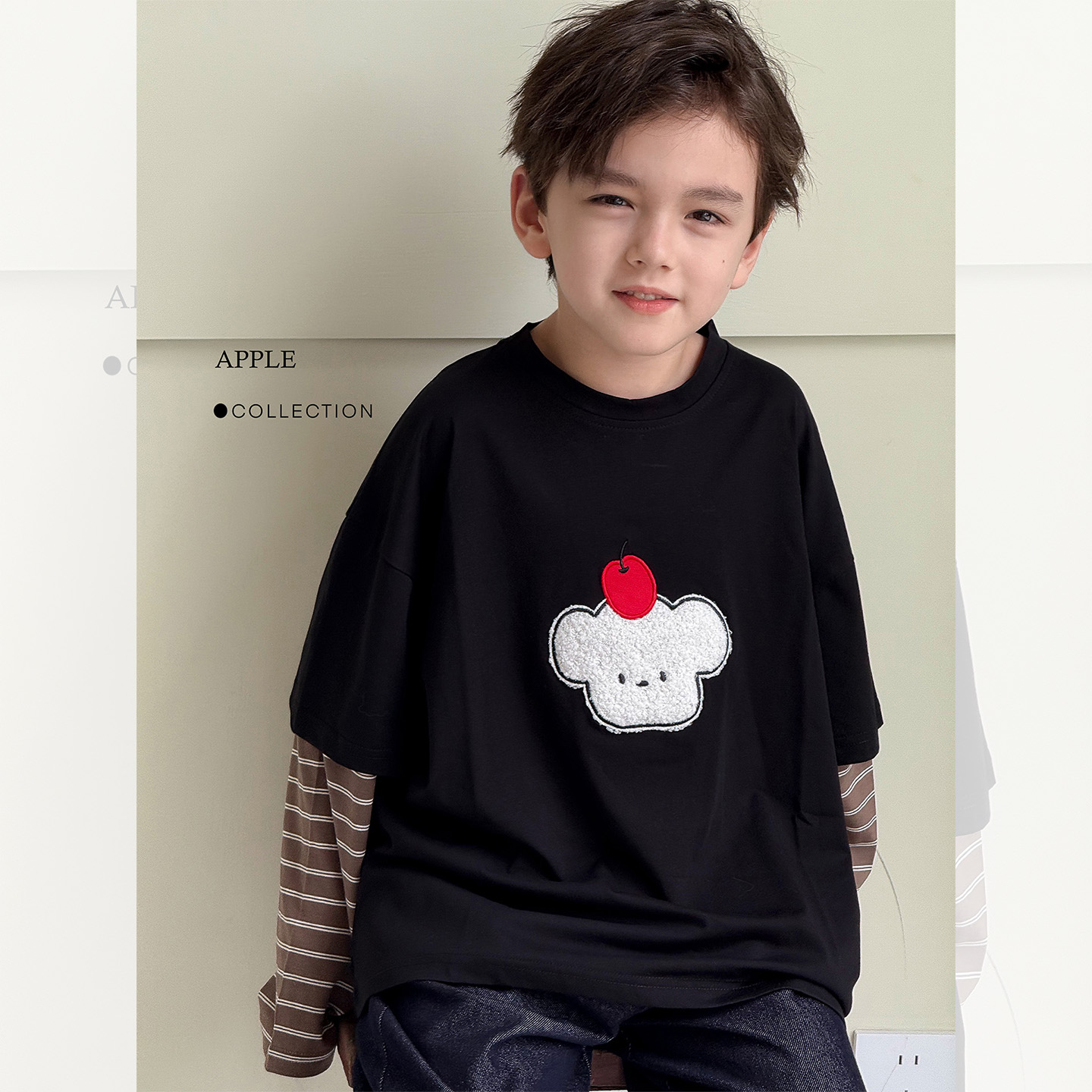 虾酱麻麻纯棉假两件长袖T恤